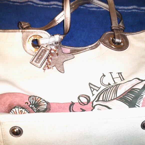 Coach Star Fish Limited Edition Beach Tote Canvas Leather Trim Shoulder - Picture 3 of 7